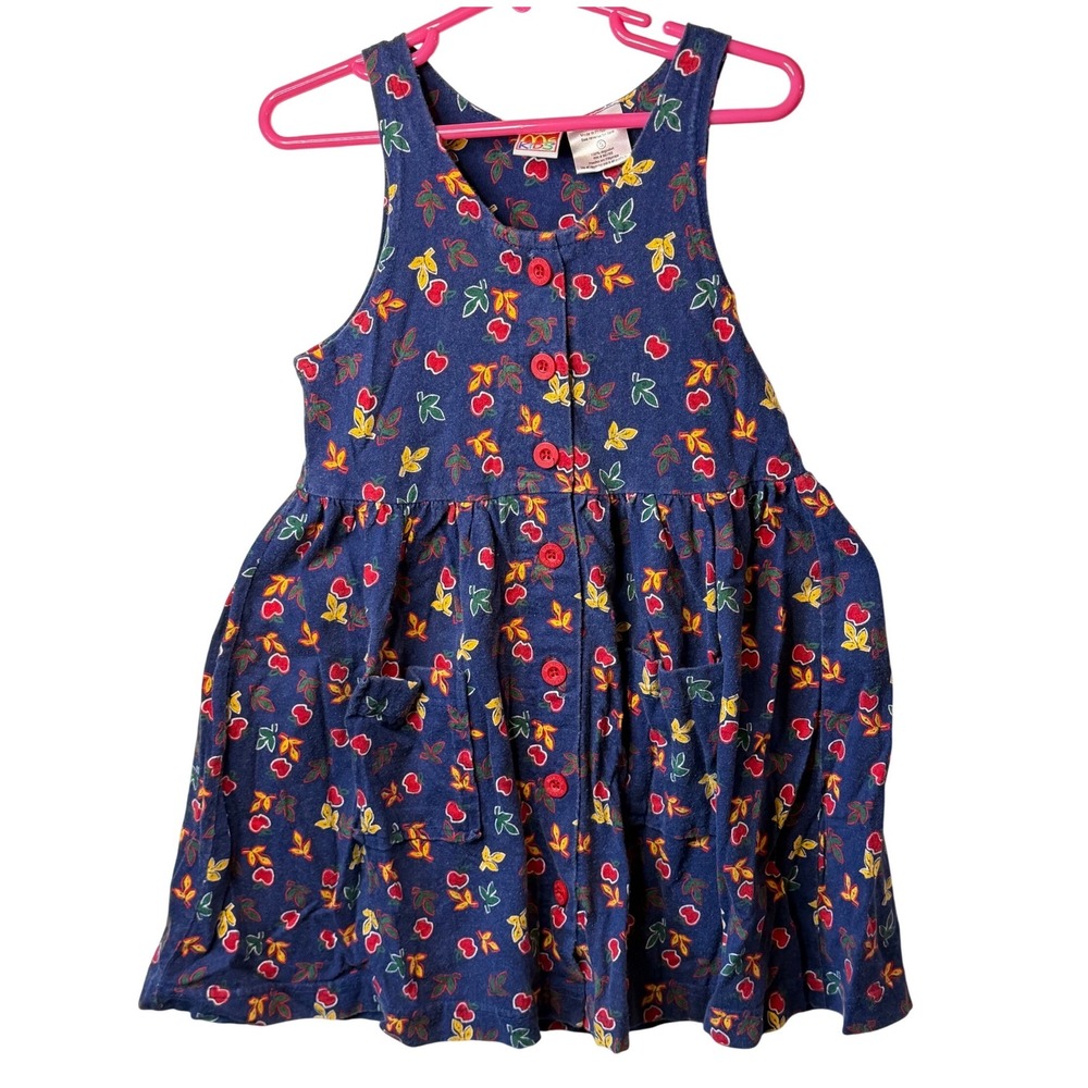 VTG Mc Kids Dress Blue Apple All Over Print Button Front Pockets 90s Girls SZ 5